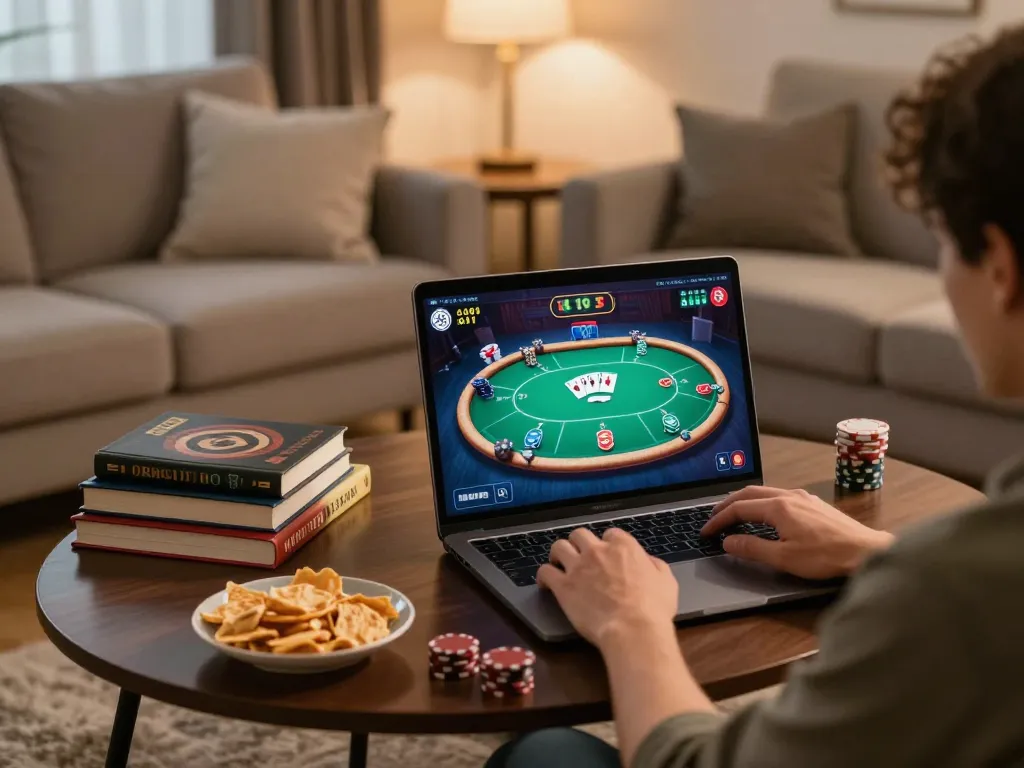 Engaging in online poker gaming on viral4d with strategies and snacks in a cozy living room setting.