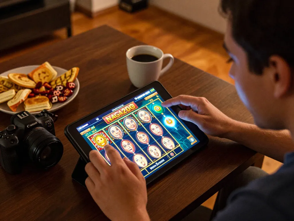 NAGA2000 player enjoying an exciting online slot game from home with strategic focus