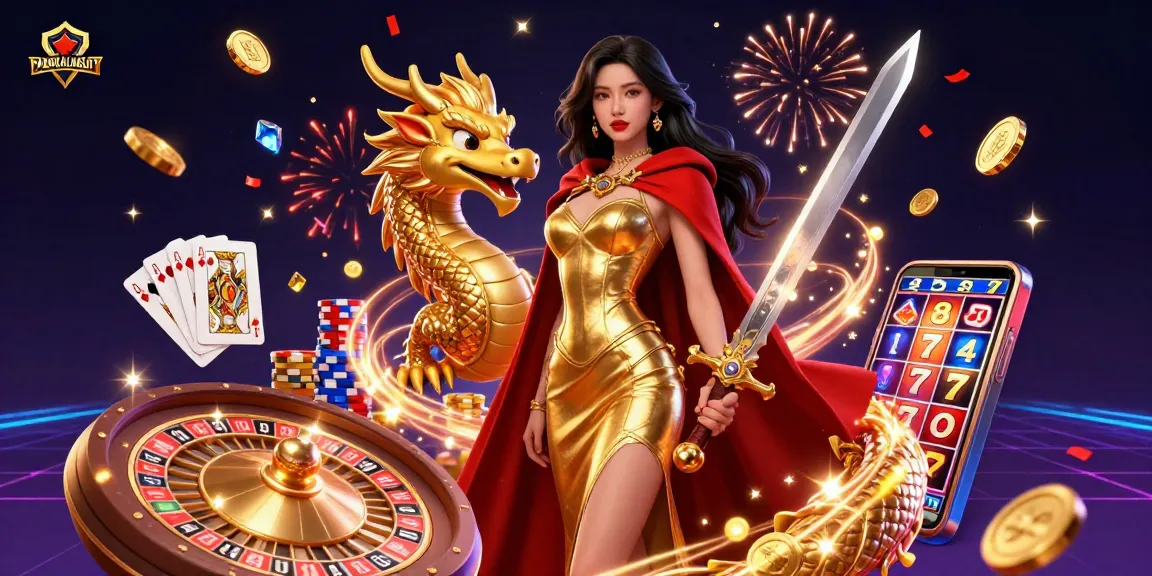 PANGKALANSLOT showcases an engaging scene with a warrior queen and a golden dragon amidst dynamic casino elements.