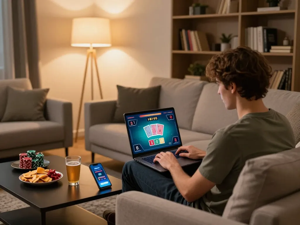 Terlibat dalam permainan poker langsung secara online di rumah menggunakan alexis500 untuk strategi.