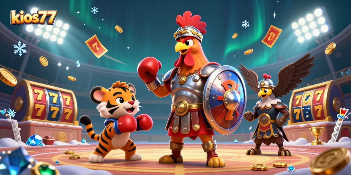 Kios77 showcases thrilling slot adventure with gladiator rooster and casino elements in action.