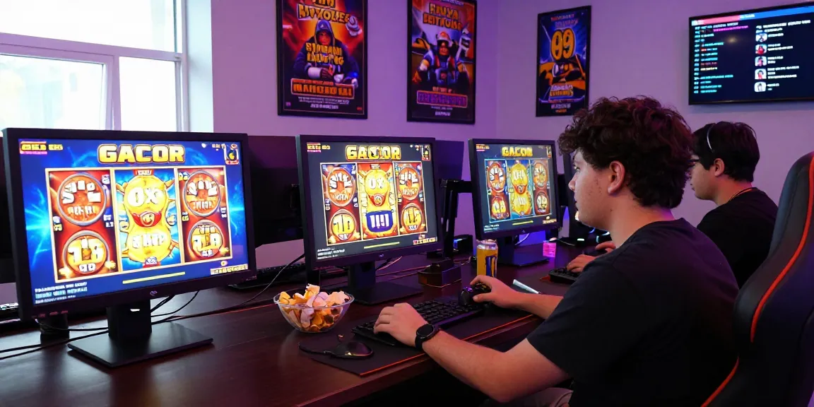 Exciting player engaged with slot gacor games on multiple screens.