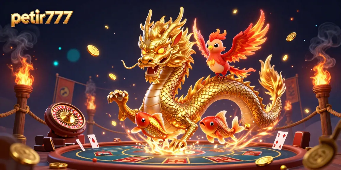 Experience exciting gameplay with petir777 featuring a golden dragon, phoenix, and koi fish in a dynamic live casino scene.