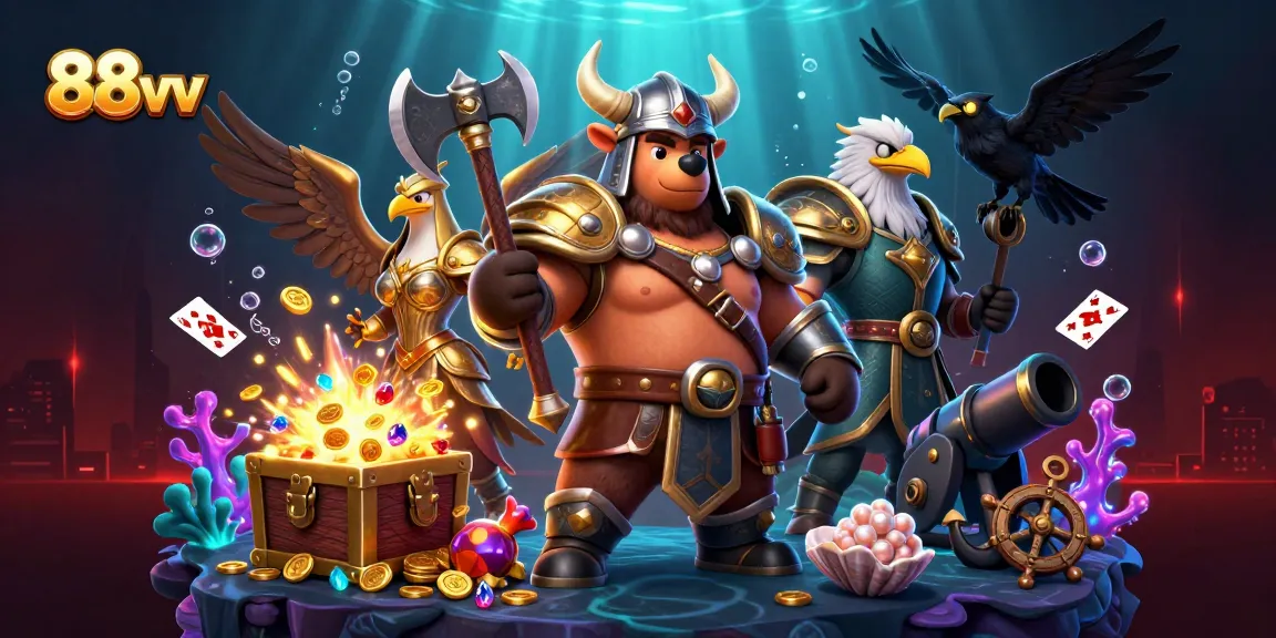Engage in thrilling 88vv online casino adventures with 3D Viking bear and Valkyrie eagle.