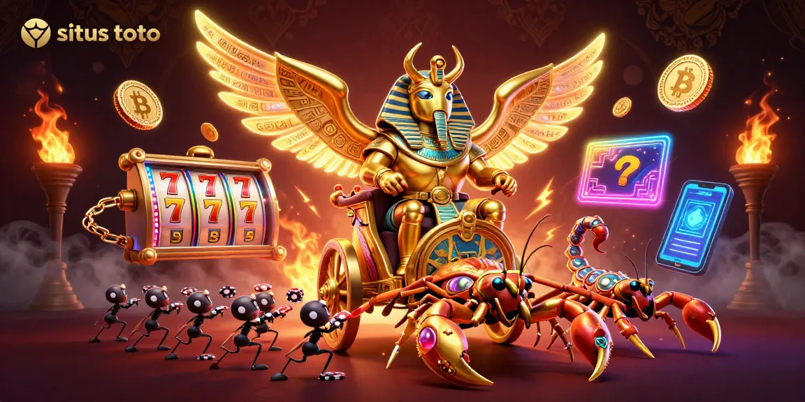 Engage with situs toto in this vibrant illustration featuring a golden scarab beetle, scorpions, and neon slot reels.