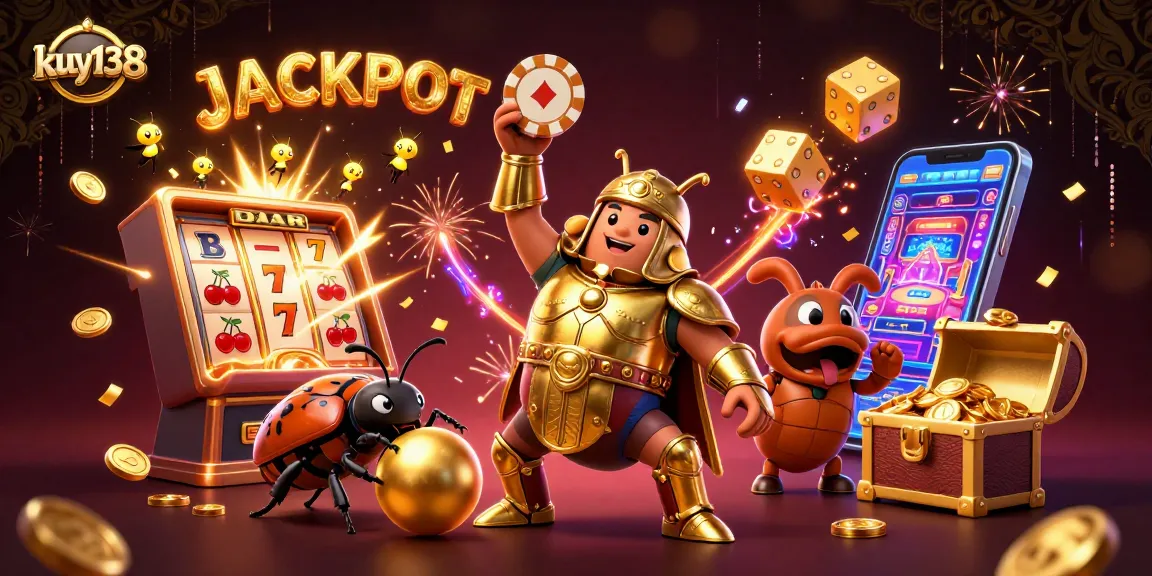 Kuy138 memicu kemeriahan jackpot dengan ilustrasi 3D, menggambarkan kegembiraan permainan slot.