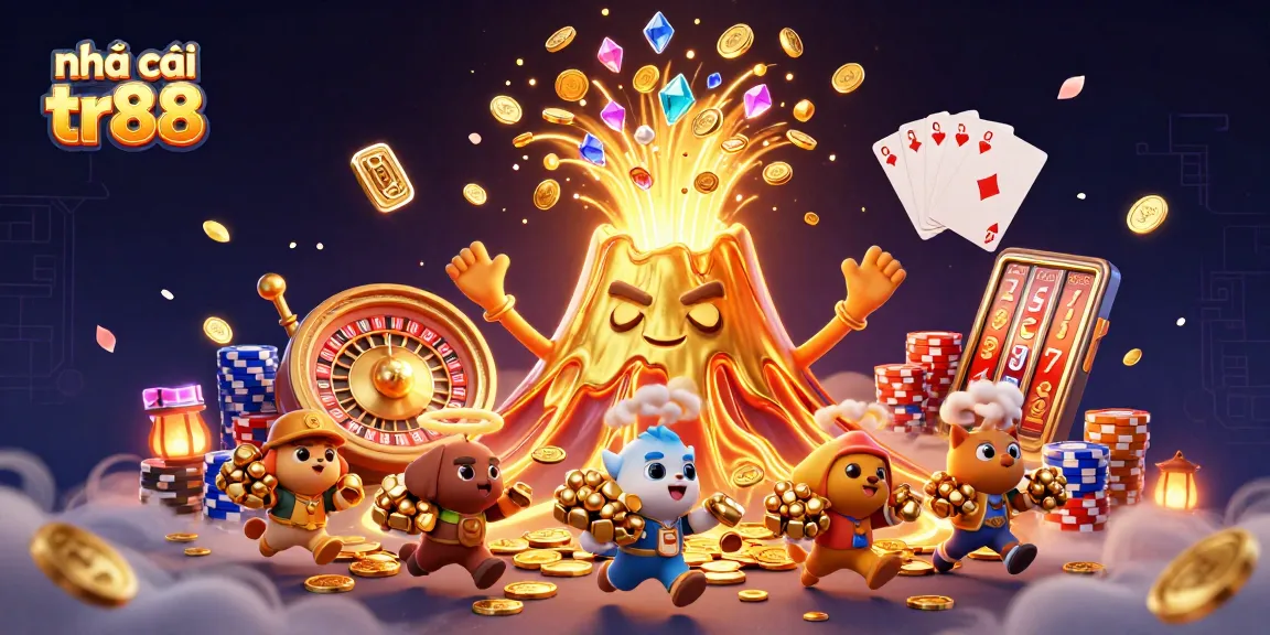 Play exciting games at nhà cái tr88 with animated golden volcano erupting coins and treasures.