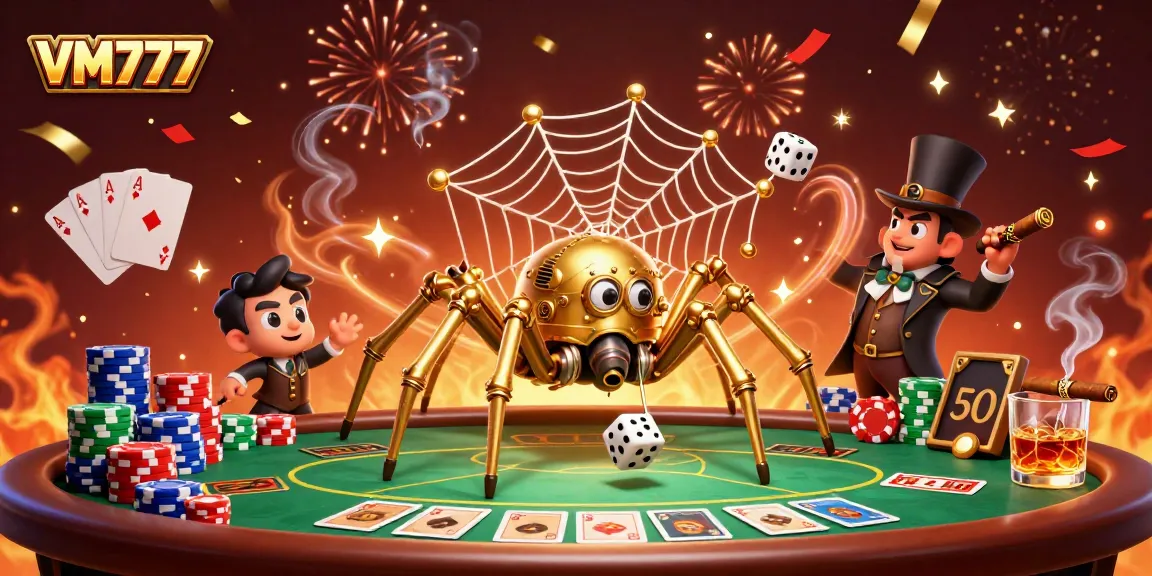 VM777 offers an engaging casino experience featuring a steampunk spider catching dice highlights and colorful poker elements.