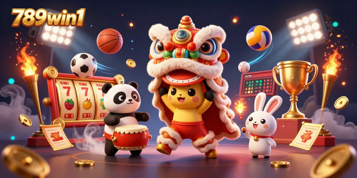 The 789win1 lion dance illustration displays vibrant, festive casino elements, symbolizing exciting gaming opportunities.