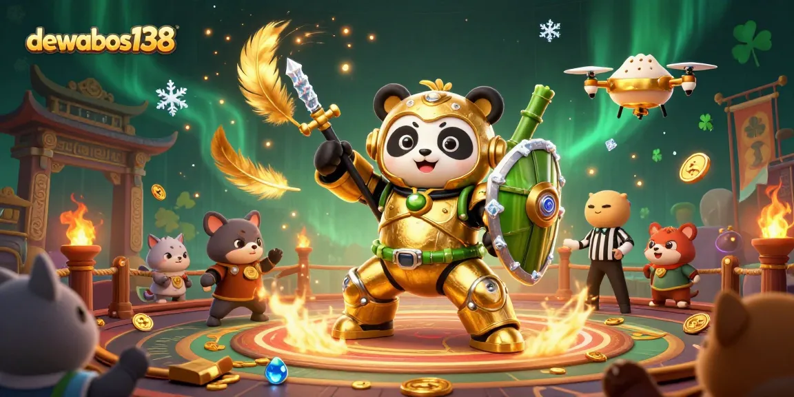 Dewabos138 menampilkan panda emas dalam robot bertema kasino dengan efek dramatis, warna cerah, dan suasana meriah