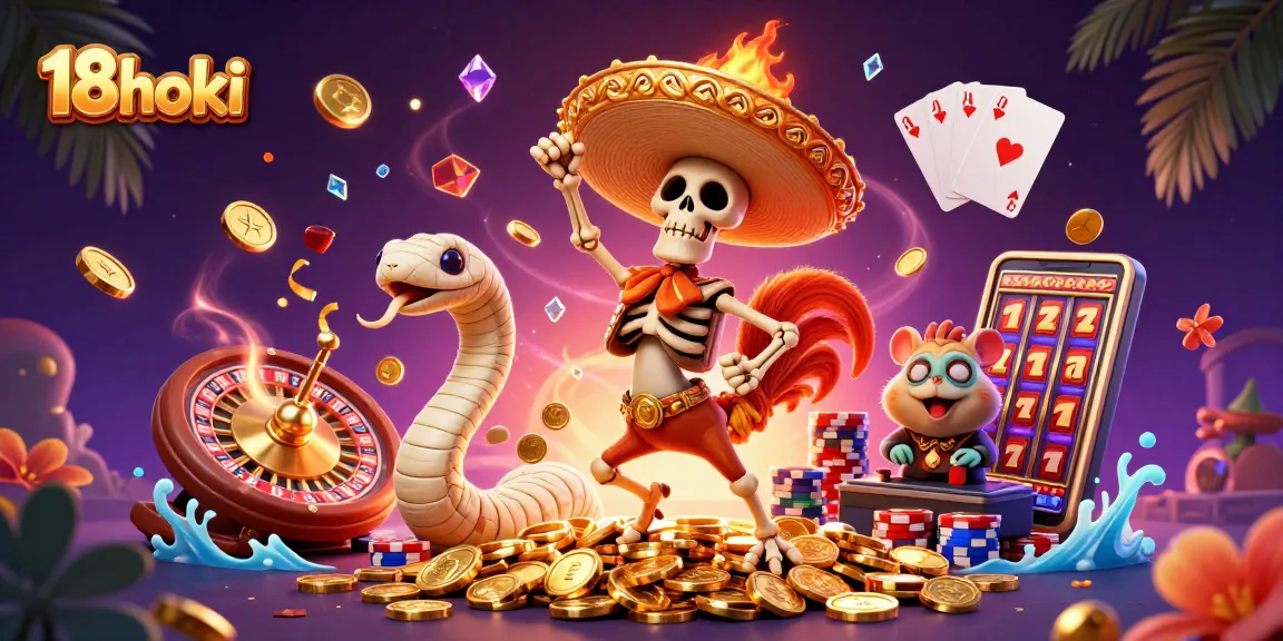 Win big at 18hoki with a fun scene of a dancing mariachi rooster and sparkling casino games.