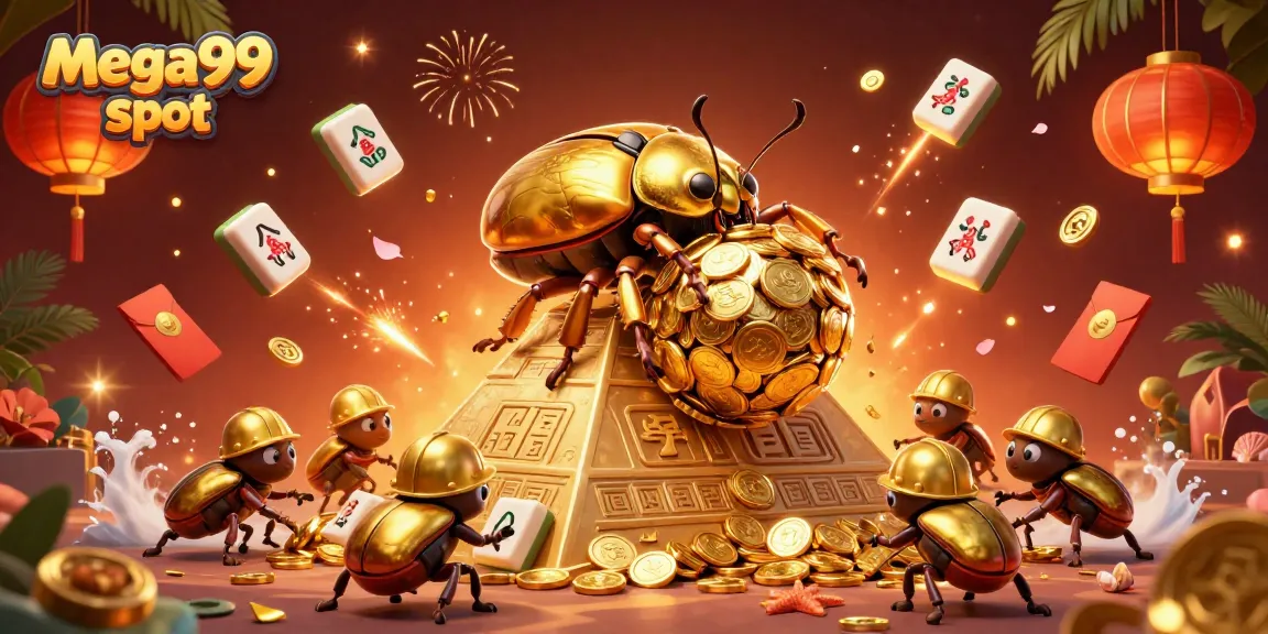 Mega99 slot features a golden beetle rolling coins, celebrating big wins in a vibrant casino environment.