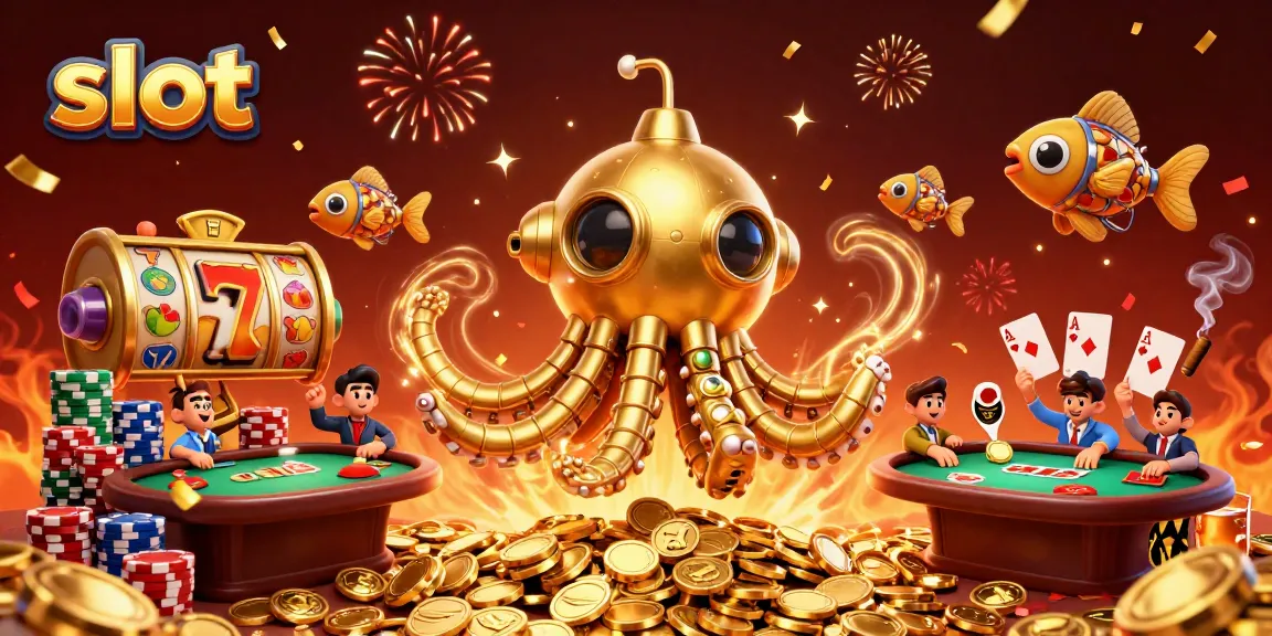 Experience the thrilling slot action with a golden kraken submarine amidst coins and vibrant game elements.