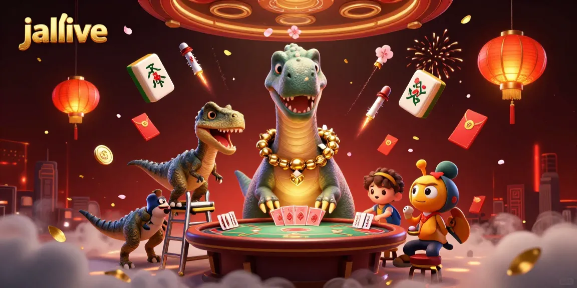 Experience jalalive in this lively 3D scene with a brontosaurus, raptor dealer, and festive gambling elements.