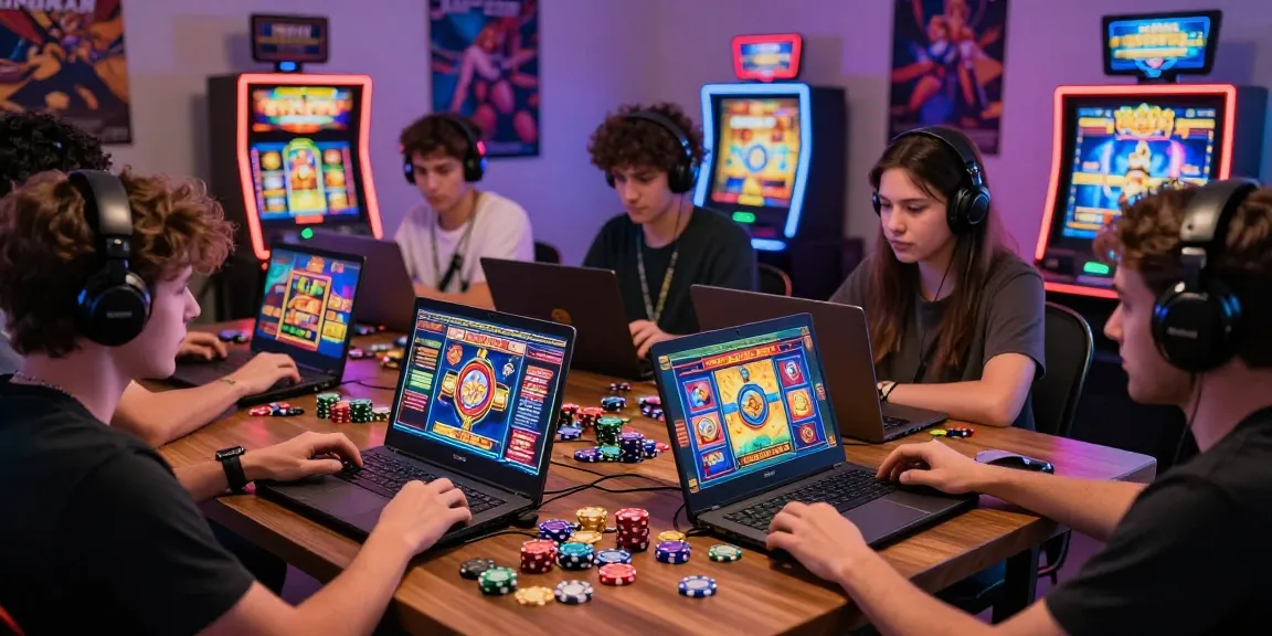 Permainan slot online dengan pemain bersemangat dan grafik mesin slot yang berwarna-warni.