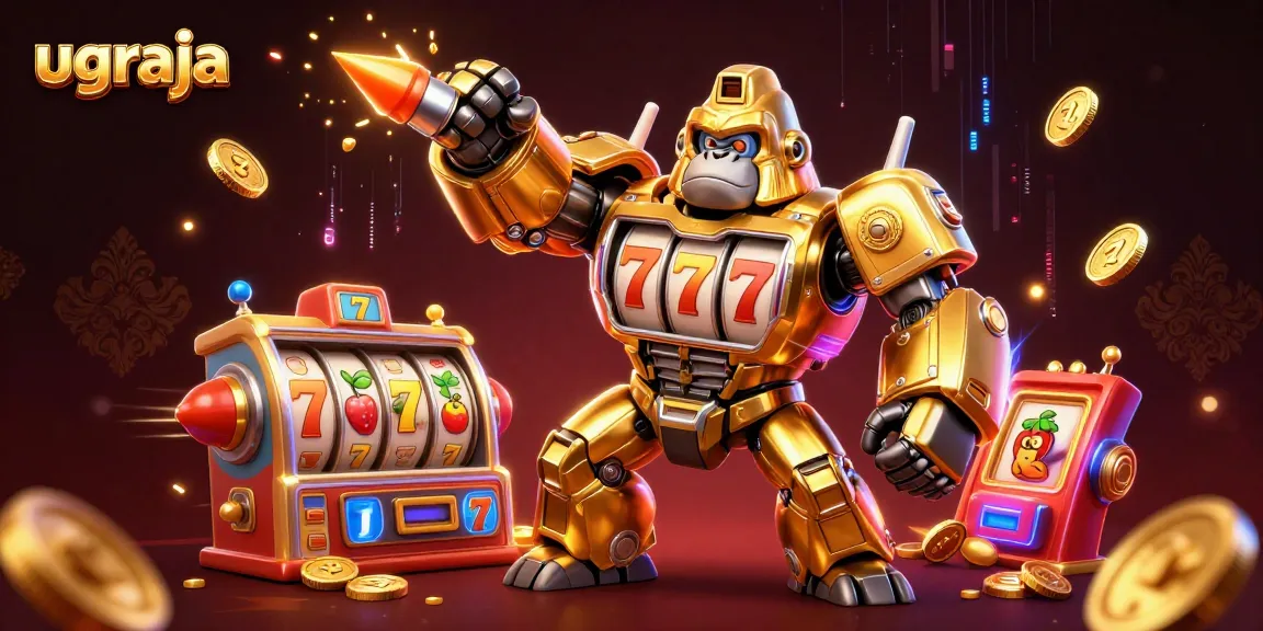 Permainan slot online di Ugraja dengan gorilla mech dan simbol mesin slot menggembirakan pemain.